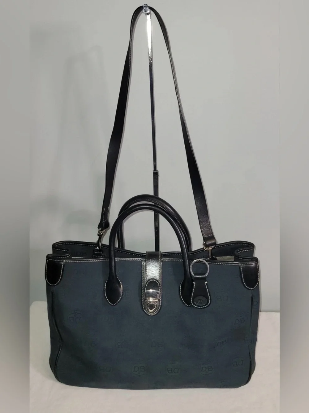 Dooney & Bourke Monogram Tote Crossbody Bag Navy Canvas Black Leather Trim